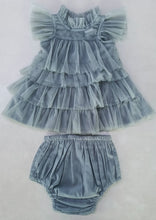 Grey Tulle Solid Color Neck & Sleeve Ruffled Tiered Dress