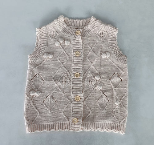 Beige Woolen Round Neck Sleeve Less Front Open Sweater