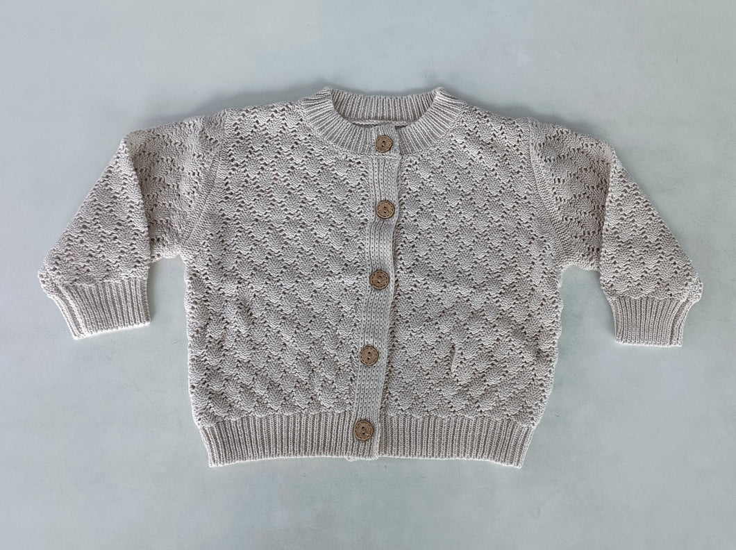 Beige Woolen Round Neck Long Sleeve Front Open Sweater