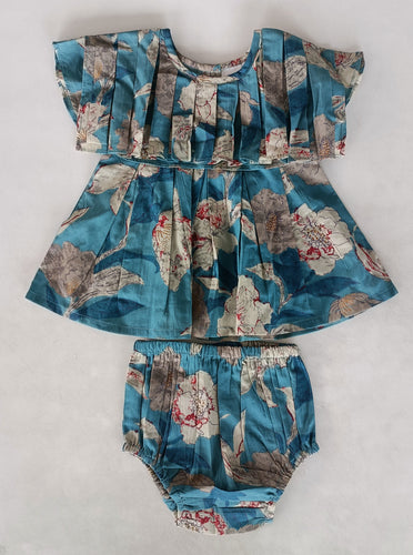 Turquoise Floral Printed Box Pleated Dress