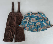 Turquoise Floral Printed Top & Brown Corduroy Pant Set