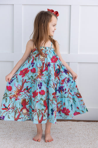 Turquoise Bird Printed Tiered Dress