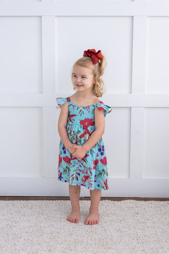 Turquoise Bird Printed Sleeve Ruffled Gathered Dress