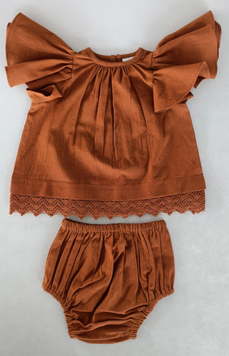 Rust Solid Color Sleeve & Neck Gathered Dress