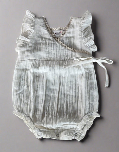 Double Gauze Off-White Solid Neck Lace & Sleeve Ruffle Romper