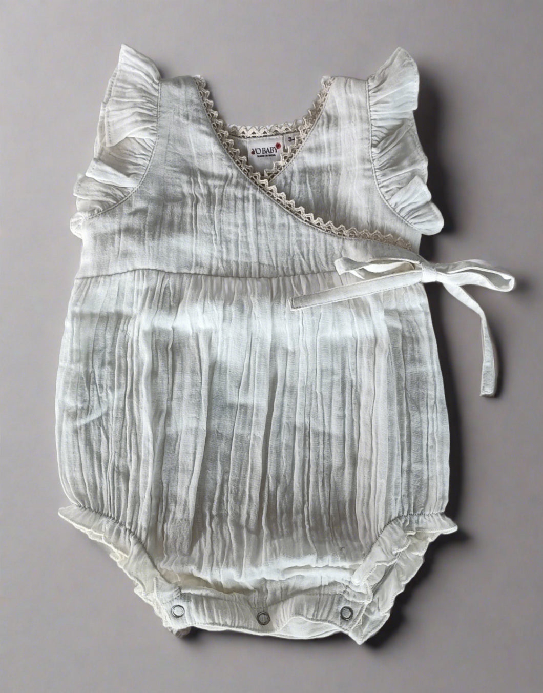 Double Gauze Off-White Solid Neck Lace & Sleeve Ruffle Romper