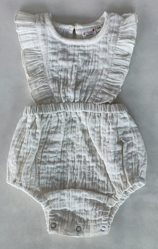 Double Gauze Off-White Solid Quilted Ruffled Romper