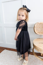 Black Tulle Solid Color Puff Sleeves Gathered Dress