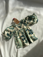 Sage-Green Leaf Printed Sleeve Gathered Dress