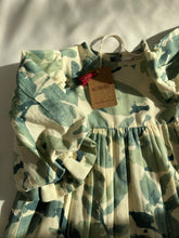 Sage-Green Leaf Printed Sleeve Gathered Dress
