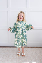 Sage-Green Leaf Printed Sleeve Gathered Dress