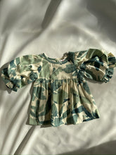 Sage-Green Leaf Printed Sleeve Gathered Dress