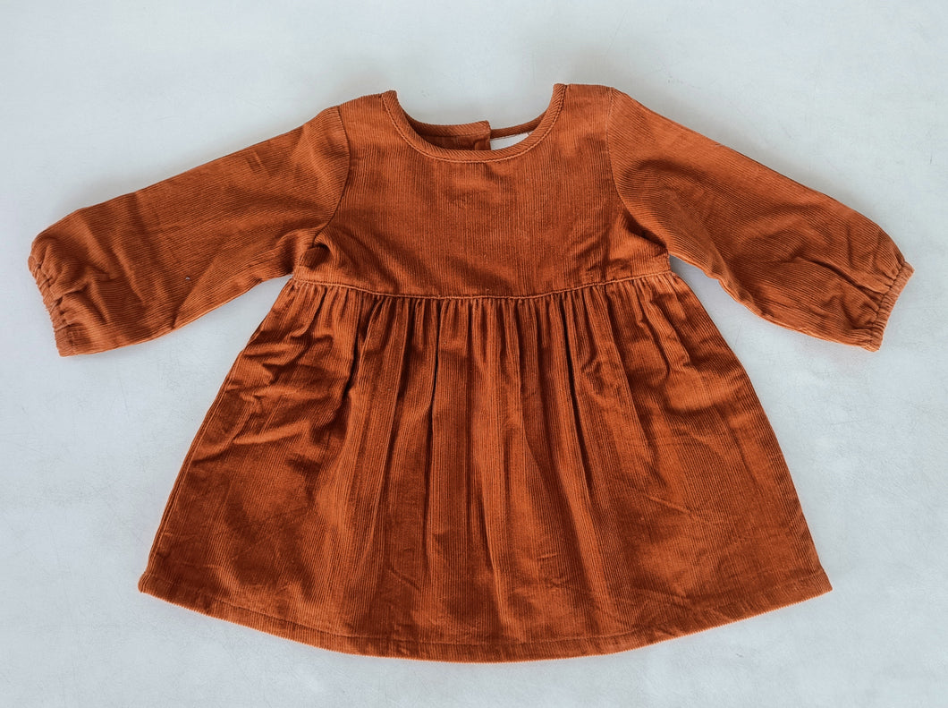 Rust Corduroy Solid Color Long Sleeves Gathered Dress