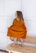 Rust Corduroy Solid Color Long Sleeves Gathered Dress