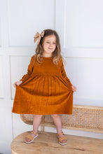 Rust Corduroy Solid Color Long Sleeves Gathered Dress