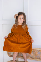 Rust Corduroy Solid Color Long Sleeves Gathered Dress