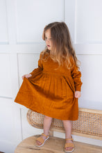 Rust Corduroy Solid Color Long Sleeves Gathered Dress