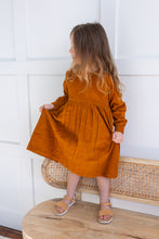 Rust Corduroy Solid Color Long Sleeves Gathered Dress