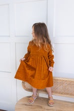 Rust Corduroy Solid Color Long Sleeves Gathered Dress