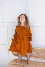 Rust Corduroy Solid Color Long Sleeves Gathered Dress