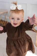 Brown Corduroy Solid Color Long Sleeves Gathered Dress