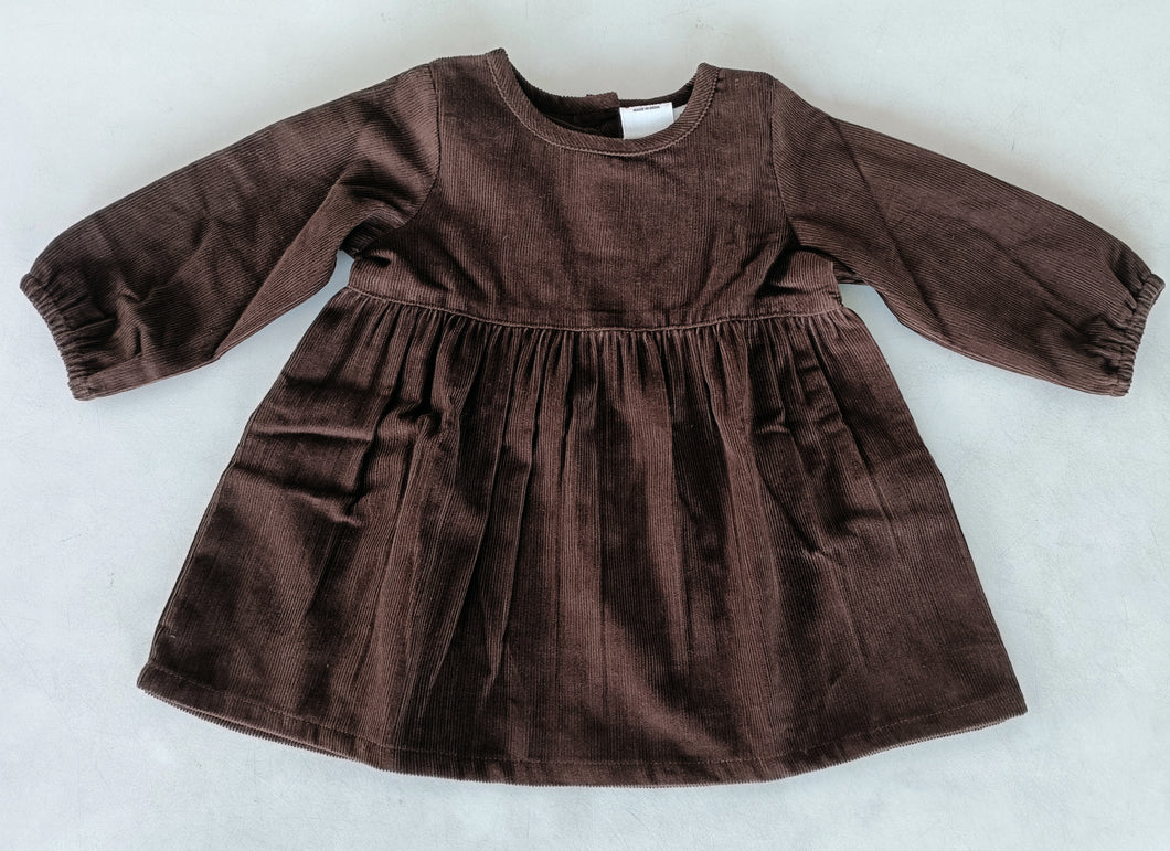 Brown Corduroy Solid Color Long Sleeves Gathered Dress