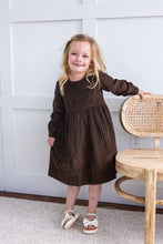 Brown Corduroy Solid Color Long Sleeves Gathered Dress