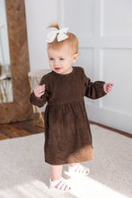 Brown Corduroy Solid Color Long Sleeves Gathered Dress