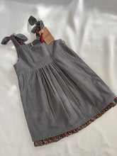 Reversible Solid Grey Corduroy & Grey Floral Printed Ruffle Dress