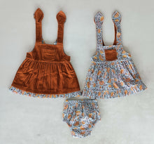 Reversible Solid Rust Corduroy & Rust Floral Printed Ruffle Dress