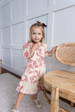 Dark Pink Leaf Printed Tiered Long Sleeve Dress