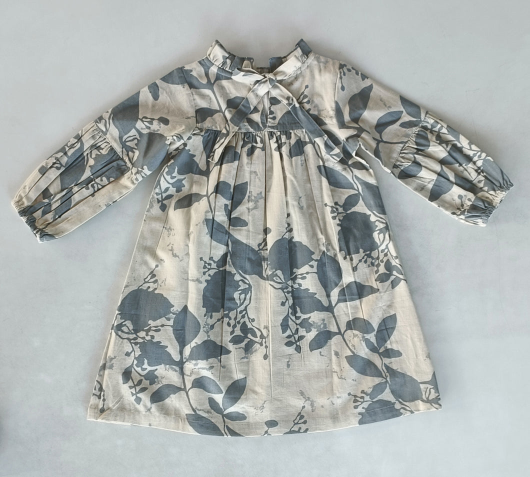 Grey Leaf Printed Gathered Long Sleeve Dress