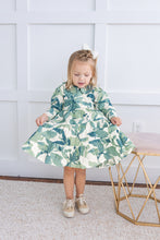 Sage-Green Leaf Printed Peter Pan Collar Tiered Long Sleeve Dress