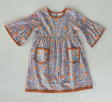 Rust Floral Printed Bell Sleeves Gathered Dress