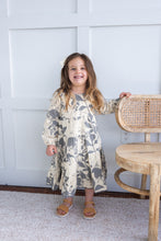 Grey Leaf Printed Tiered Long Sleeve Dress