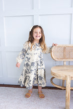 Grey Leaf Printed Tiered Long Sleeve Dress