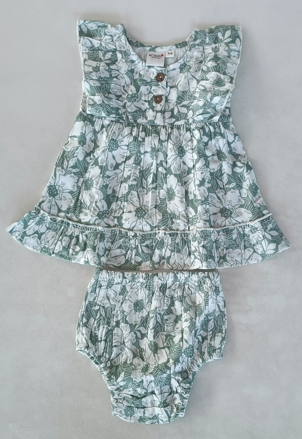 Sage-Green Printed Yoke & Bottom Ruffled Dress
