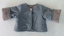 Reversible Solid Grey Corduroy & Grey Floral Print Quilted Long Sleeve Jacket