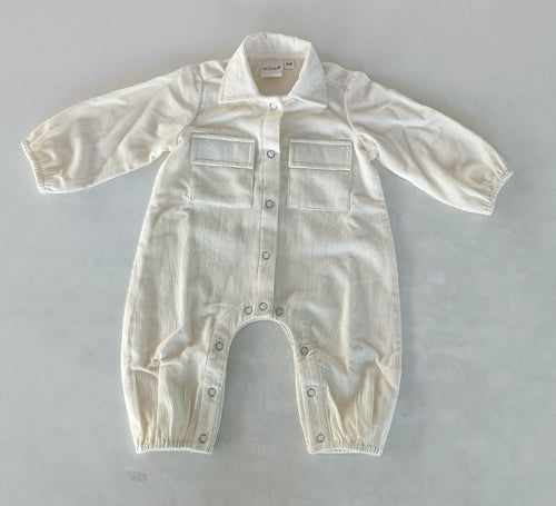 Off-White Corduroy Solid Color Long Sleeve Baby Jumpsuit