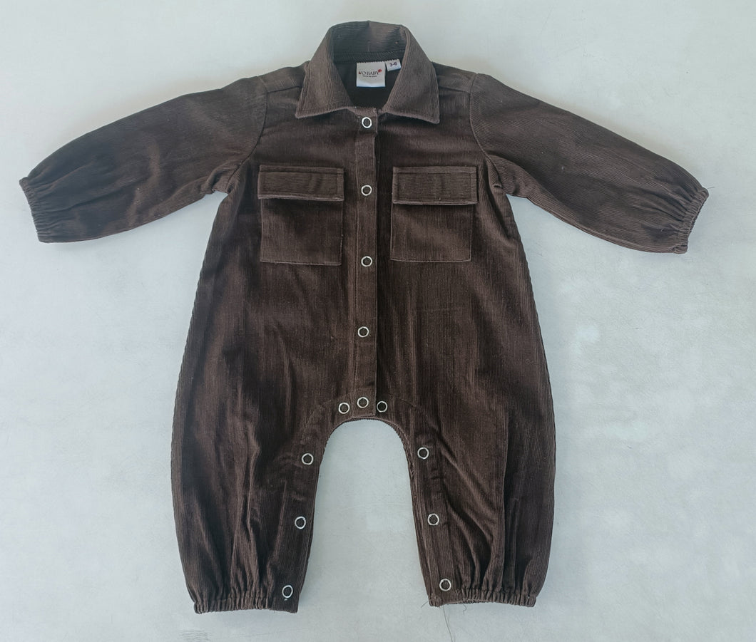 Brown Corduroy Solid Color Long Sleeve Baby Jumpsuit