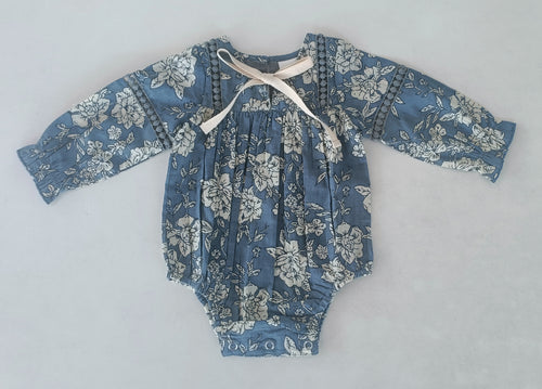 Grey Floral Printed Front Lace Long Sleeve Baby Romper