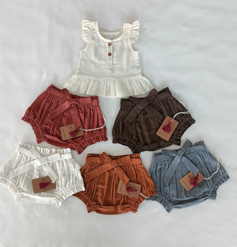 White Ruffle Top & Short-Style Belted Diaper Cover - 6pcs Set