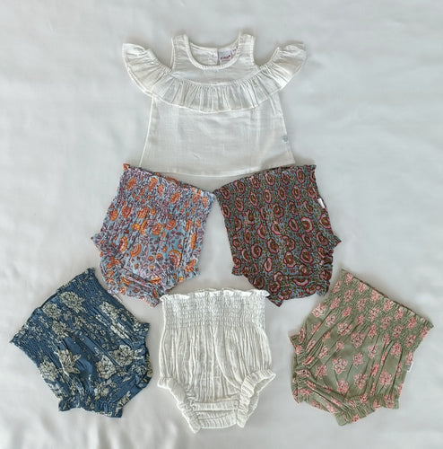 White Cold-Shoulder Top & Printed High-Waisted Smocked Diaper Cover 6pcs Set
