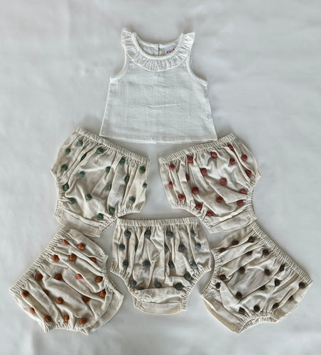 White Ruffle Neck Top & Ivory Diaper Cover With Pom-Poms - 6pcs Set
