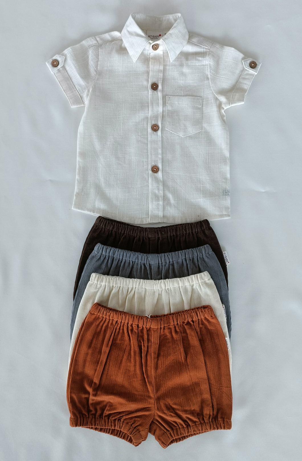 White Cotton Linen Boys Shirts & Corduroy Solid Color Short-Style - 5pcs Set