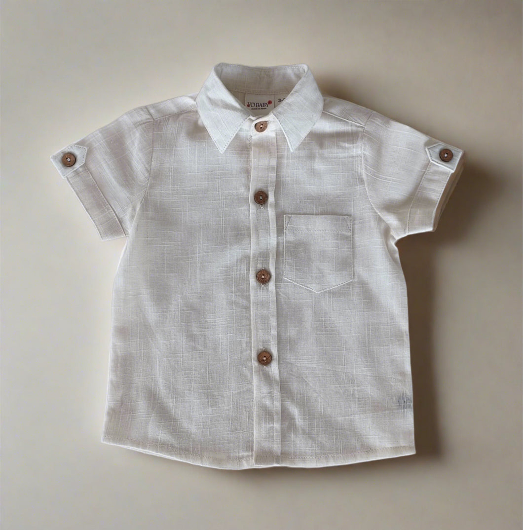 White Cotton Linen Boys Half-Sleeves  Shirts