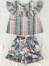 Kids' Grey Stripe Ruffle Neck Top & Matching Printed Shorts Set