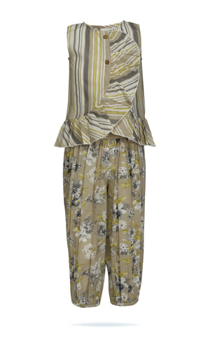 Set 2 pezzi per bambini: top con volant a righe marroni e pantaloni floreali con orlo elastico
