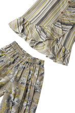 Kids 2-Piece Set: Brown Striped Ruffle Top & Floral Pants with Elastic Hem