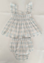 Stylish Cap Sleeve Dress in Blue Checks with Gaiders and Shell Button Details.